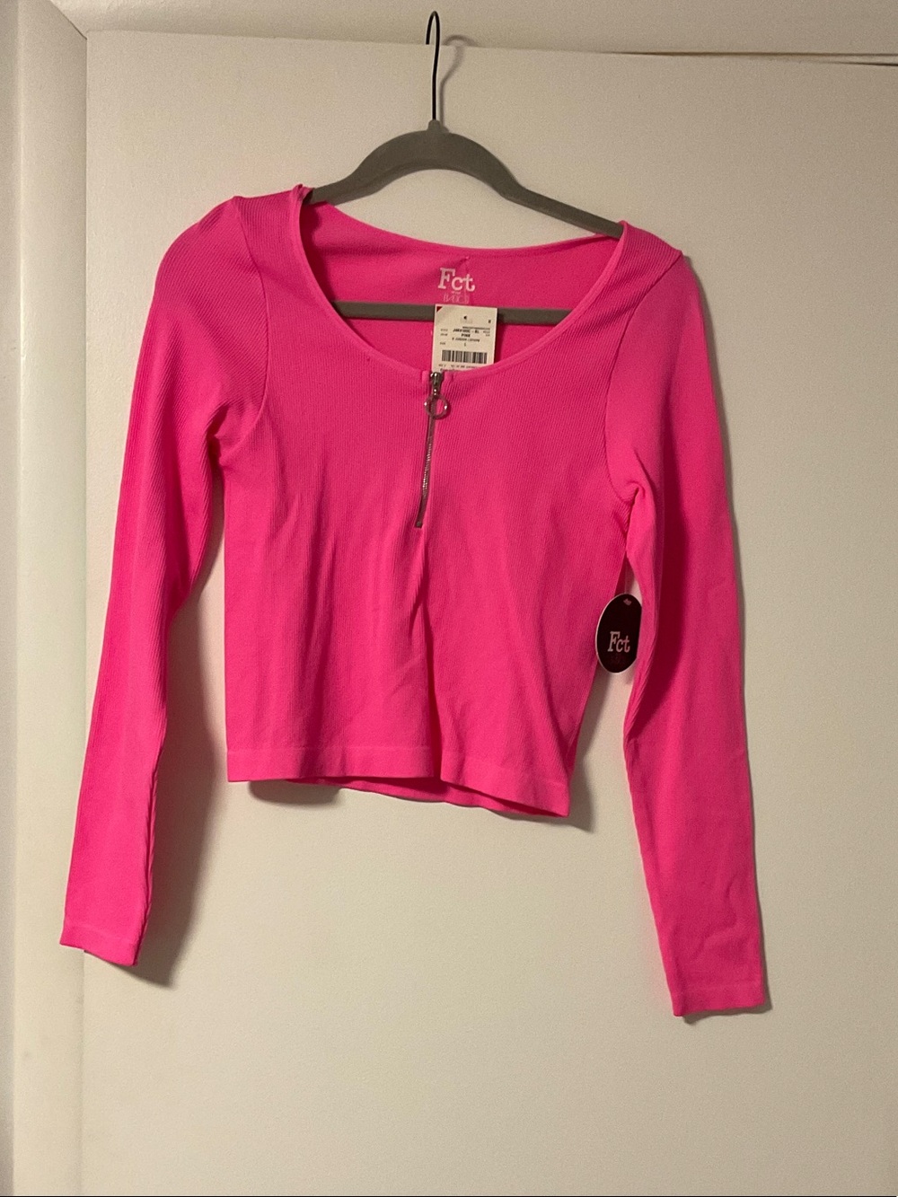 Fet Pink Long Sleeve Zip-Front Scoop Neck Top